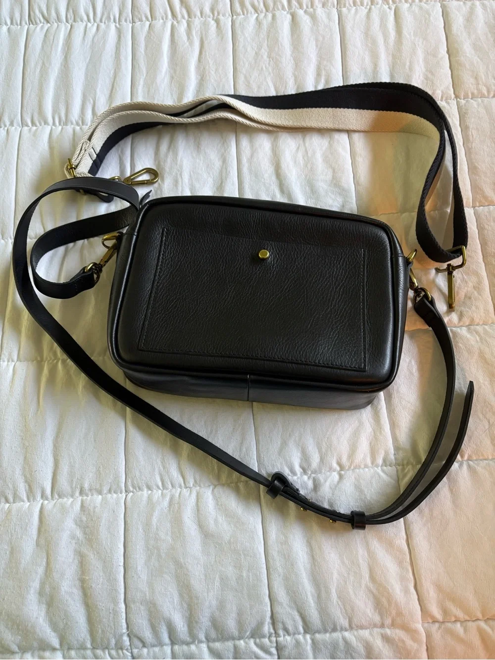 Madewell Black Leather Crossbody with Striped Canvas Strap